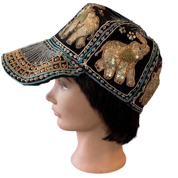 Vintage Burmese Velvet Embellished Black Multi Elephant Baseball Cap Size OS - Picture 4 of 14
